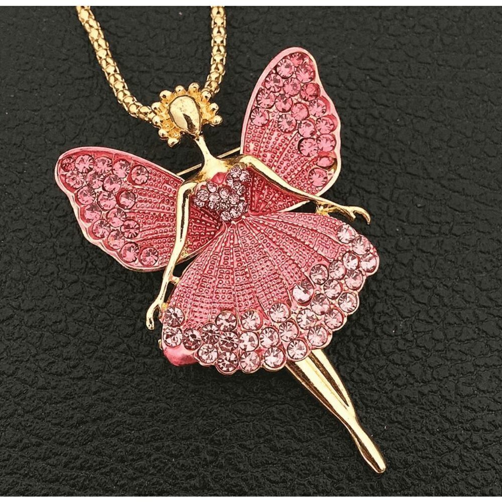 Pink Enamel Crystal Ballet Ballerina Pendant Necklace/Brooch